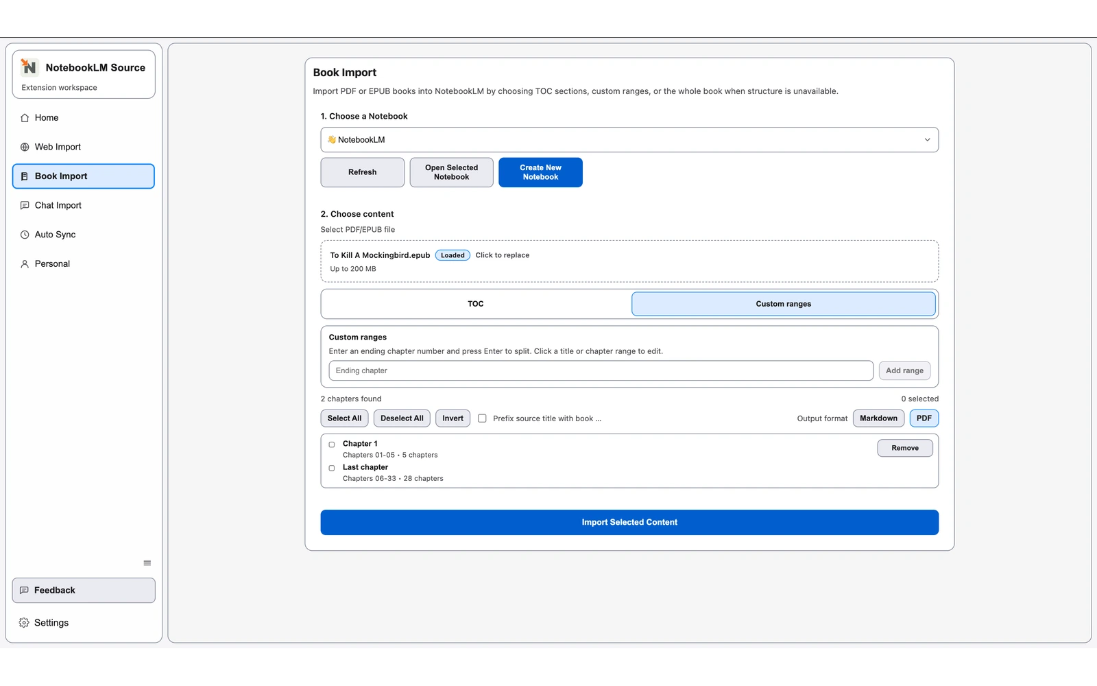 Book Import EPUB mode showing narrowed chapter selections and export settings for a partial import.