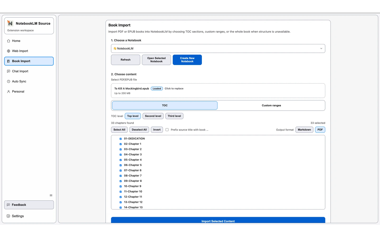 Book Import EPUB mode showing the full-book selection in the recovered chapter tree.