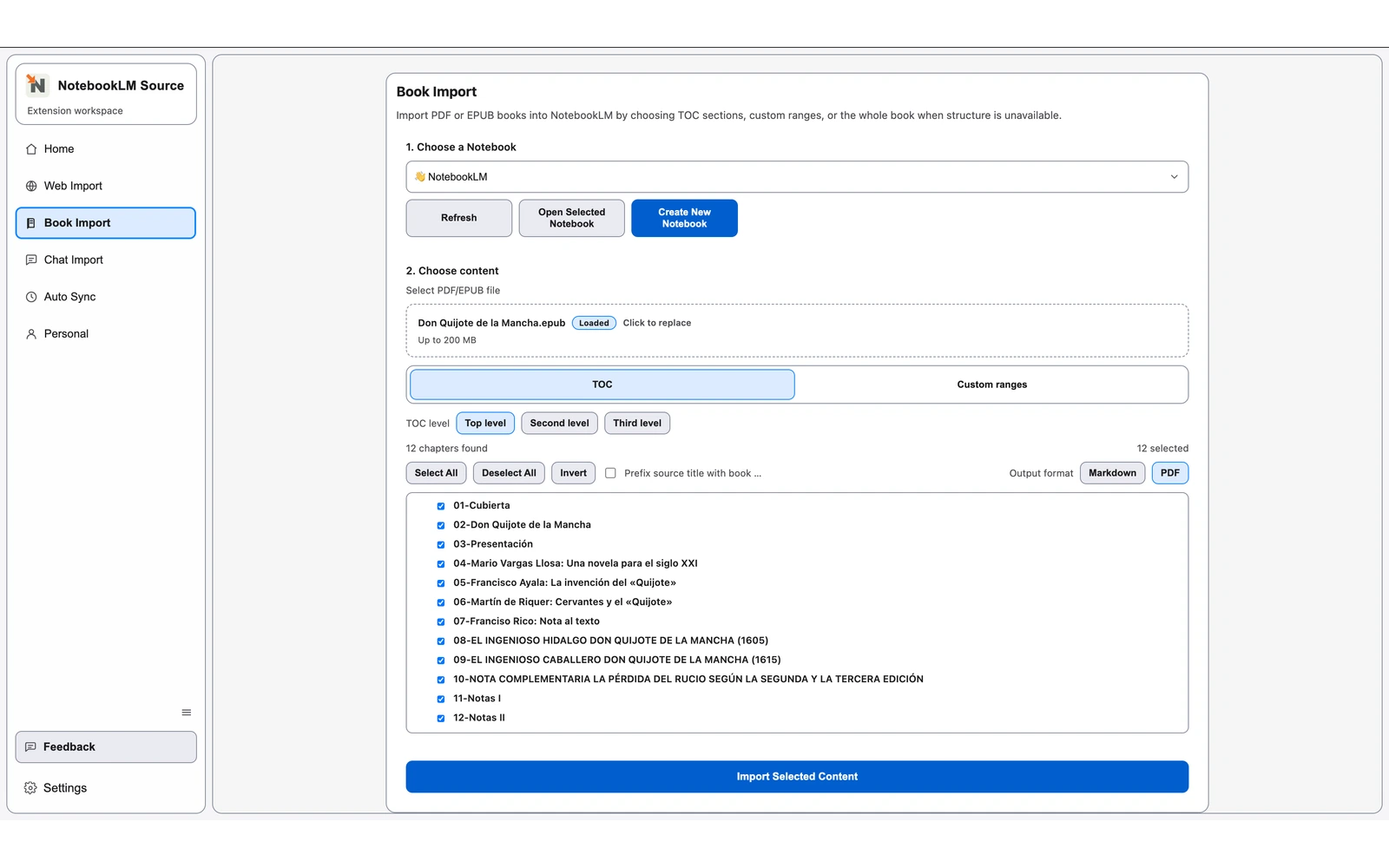 Modo EPUB de Book Import con un arbol de capitulos recuperado y capitulos seleccionados listos para exportar. Modo EPUB de Book Import con un arbol de capitulos recuperado y capitulos seleccionados listos para exportar.