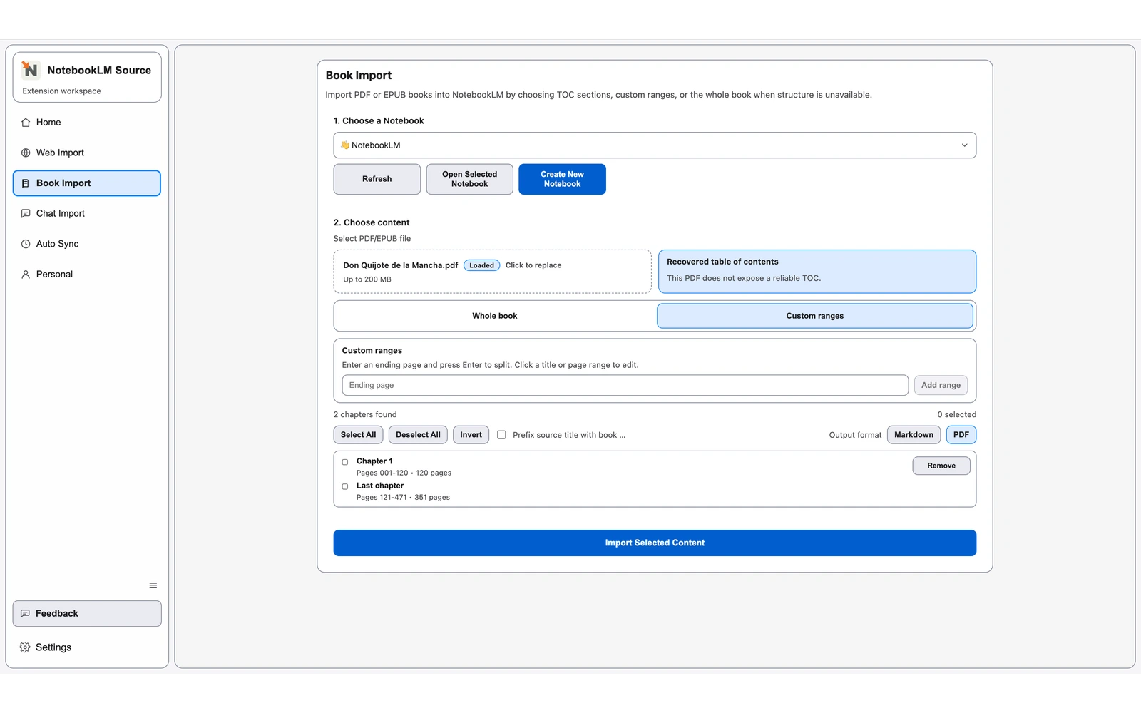 Modo PDF de Book Import con campos de rangos de paginas personalizados para dividir un PDF en exportaciones seleccionadas.