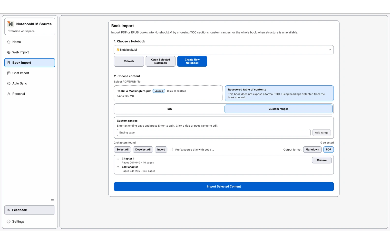 Book Import PDF mode showing custom page range fields for splitting an uploaded PDF into selected exports.