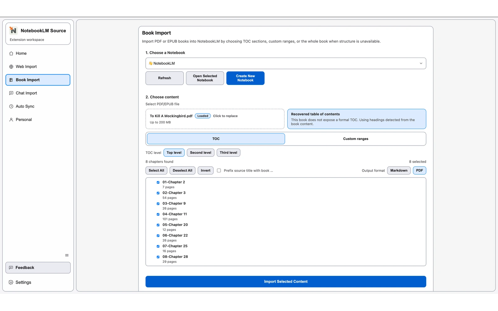 Book Import PDF mode showing the whole-file import option selected for one uploaded PDF.