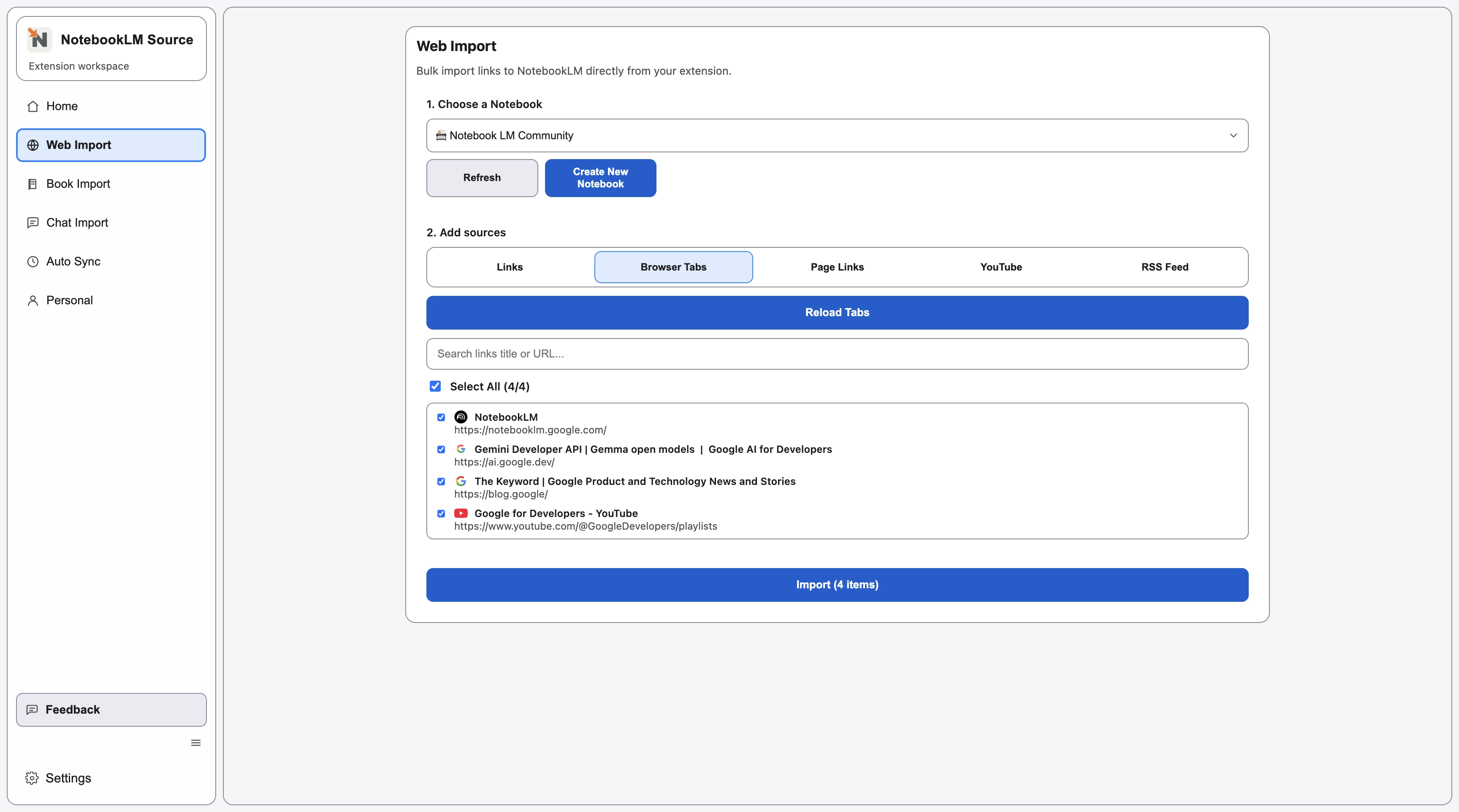 Web Import Browser Tabs tab with open tabs loaded into a selectable results list.