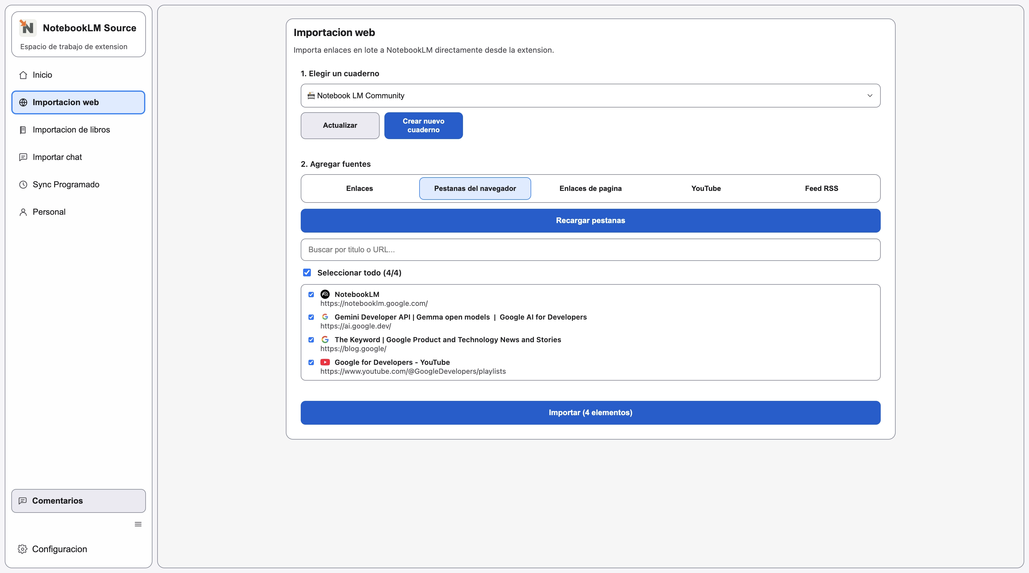 Pestana Pestanas del navegador con las pestanas abiertas cargadas en una lista seleccionable.