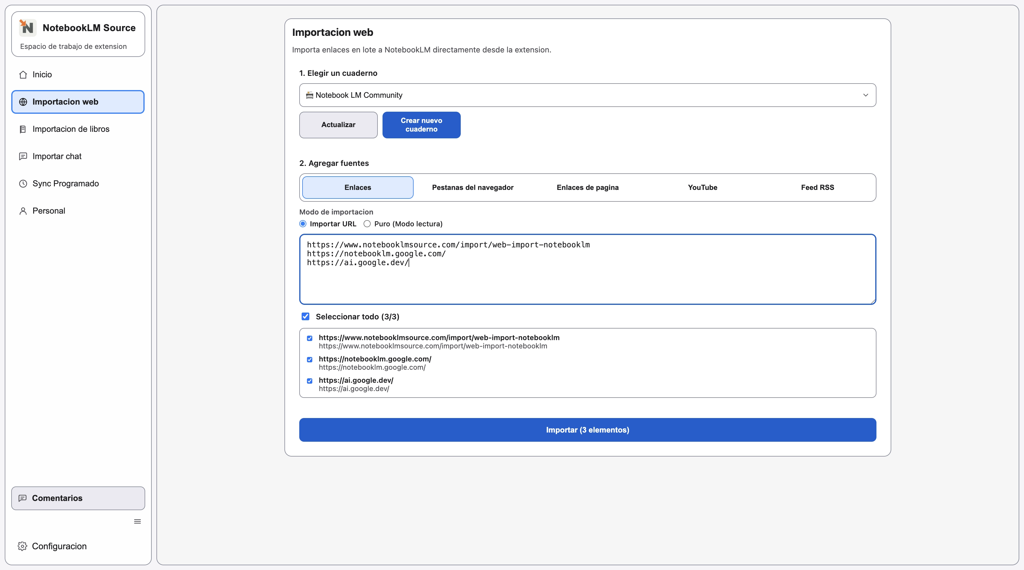 Pestana Enlaces de importacion web con varias URLs pegadas en la entrada y las paginas detectadas listadas abajo. Pestana Enlaces de importacion web con varias URLs pegadas en la entrada y las paginas detectadas listadas abajo.