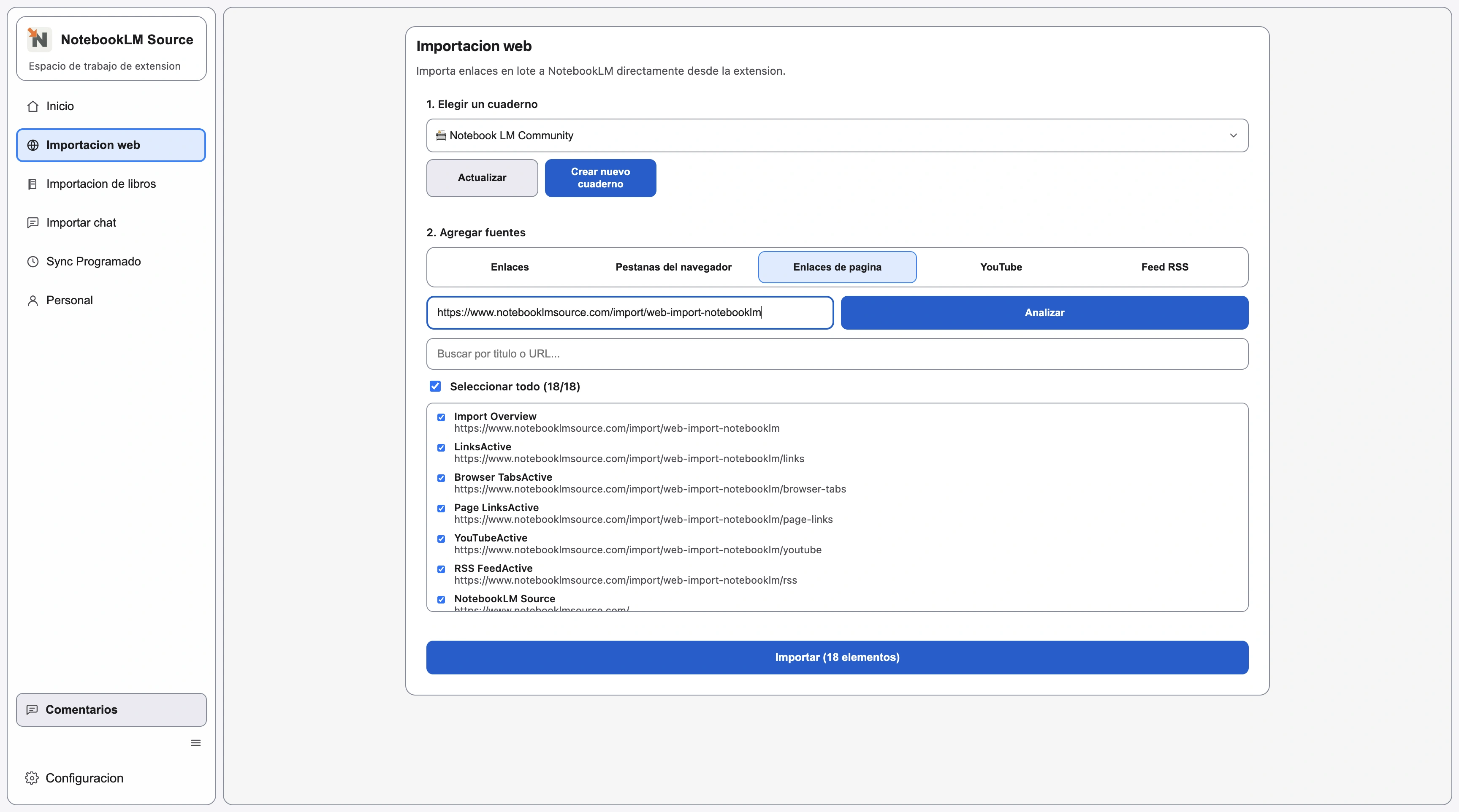 Pestana Enlaces de pagina con URLs extraidas listadas despues de analizar una pagina origen.