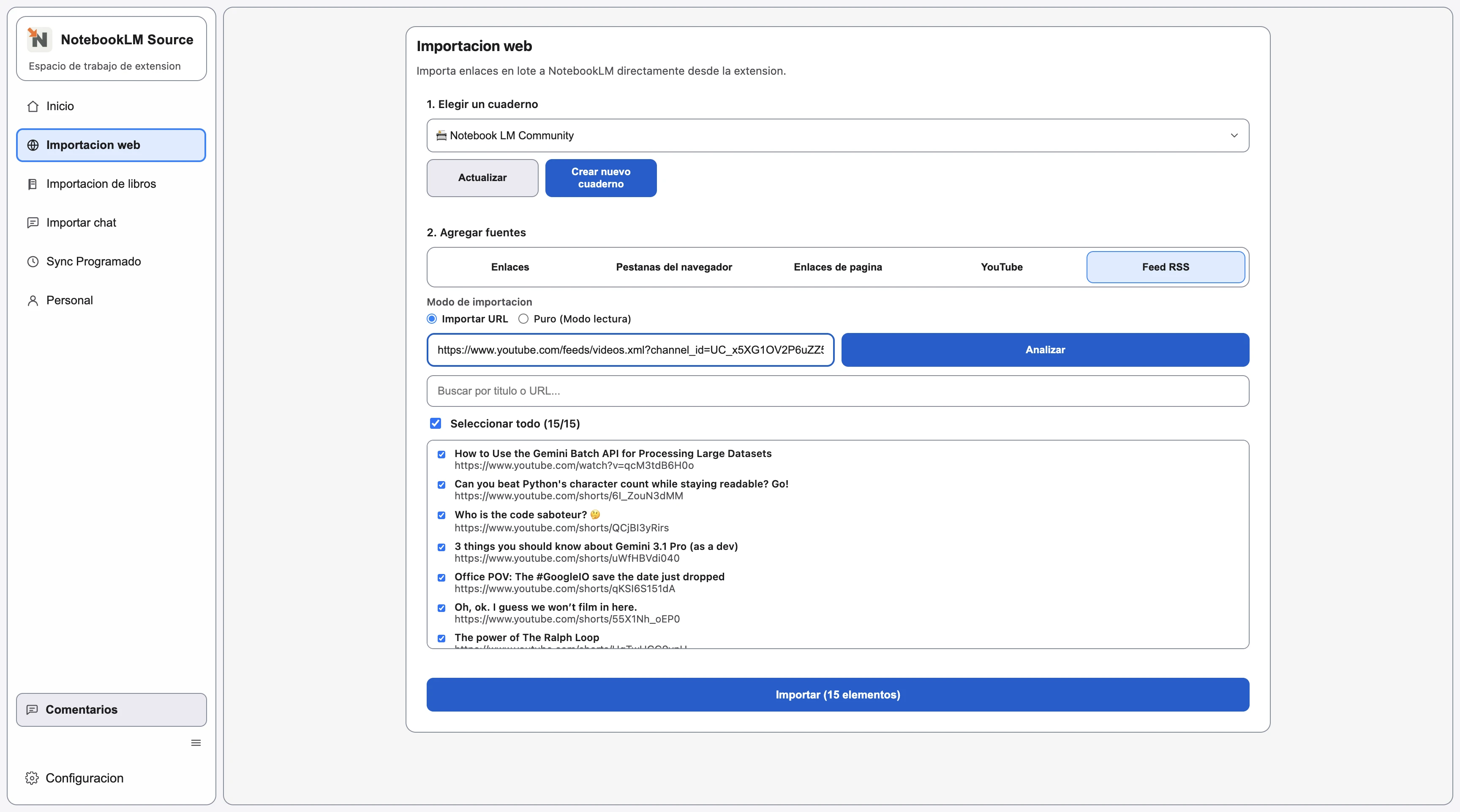 Pestana RSS con entradas del feed analizadas y mostradas en una tabla seleccionable. Pestana RSS con entradas del feed analizadas y mostradas en una tabla seleccionable.