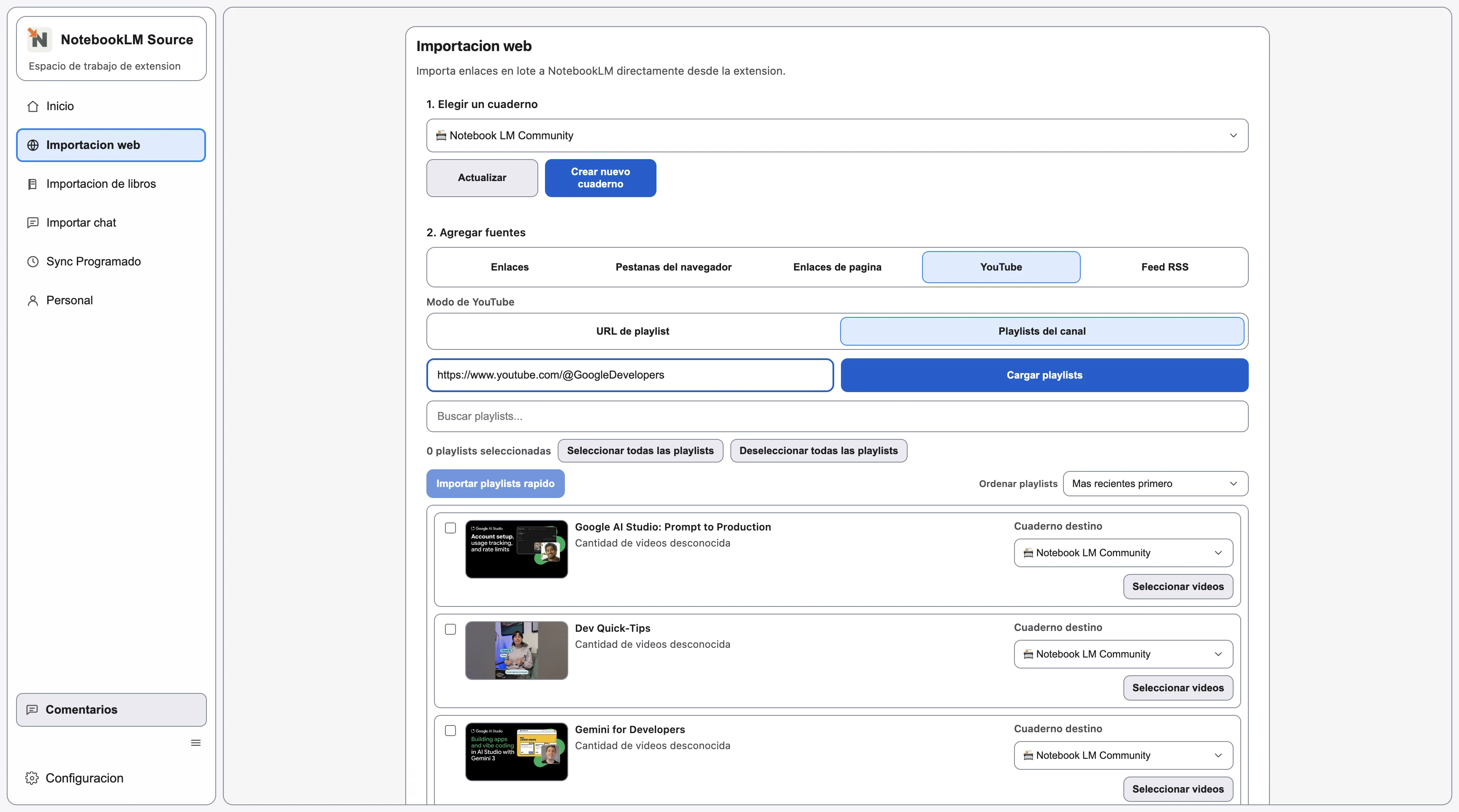 Pestana YouTube con playlists del canal cargadas desde un canal de YouTube.