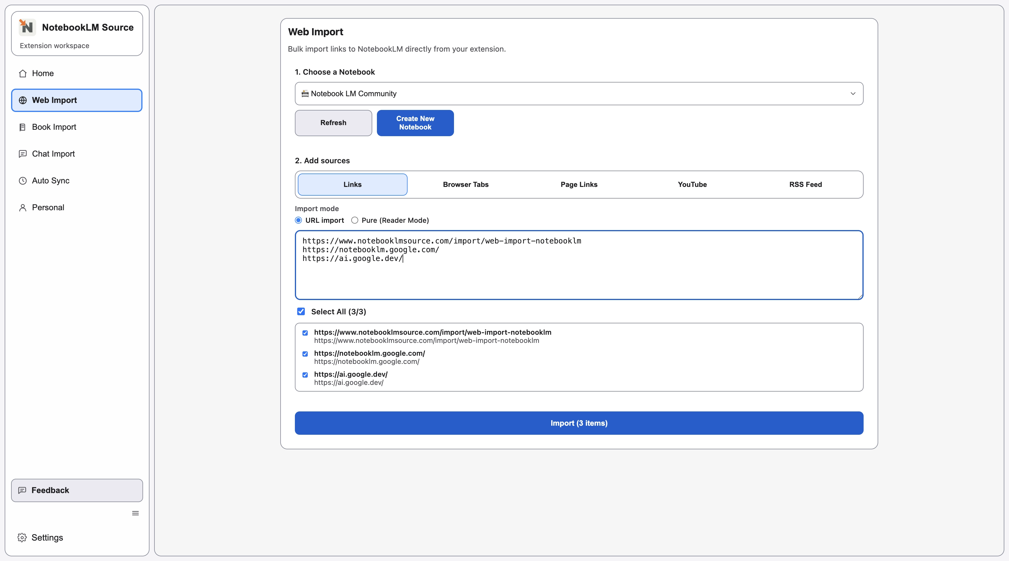 Web Import Links tab with multiple source URLs pasted into the input and matched pages listed below.