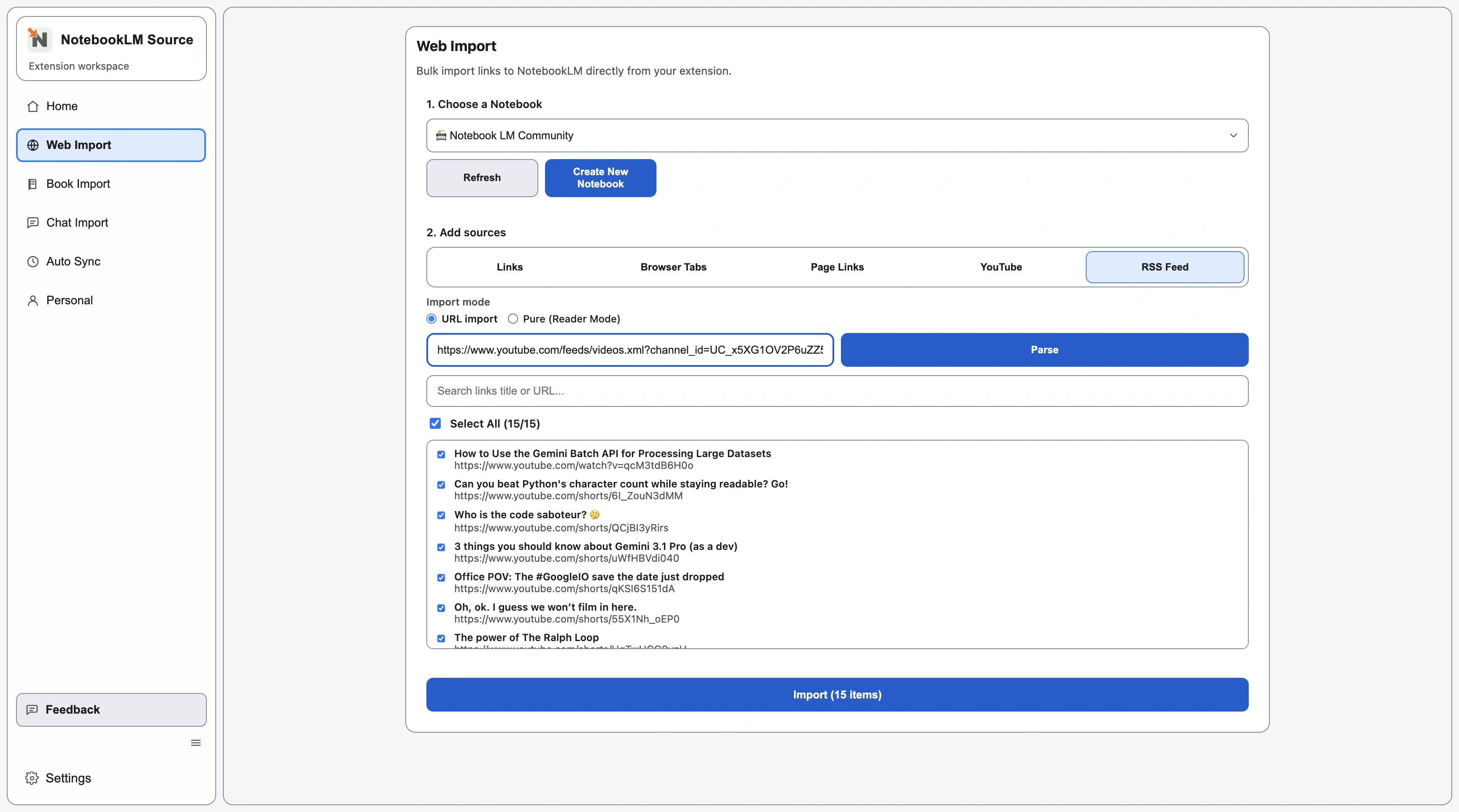 Web Import RSS tab with parsed feed entries displayed in a selectable results table.