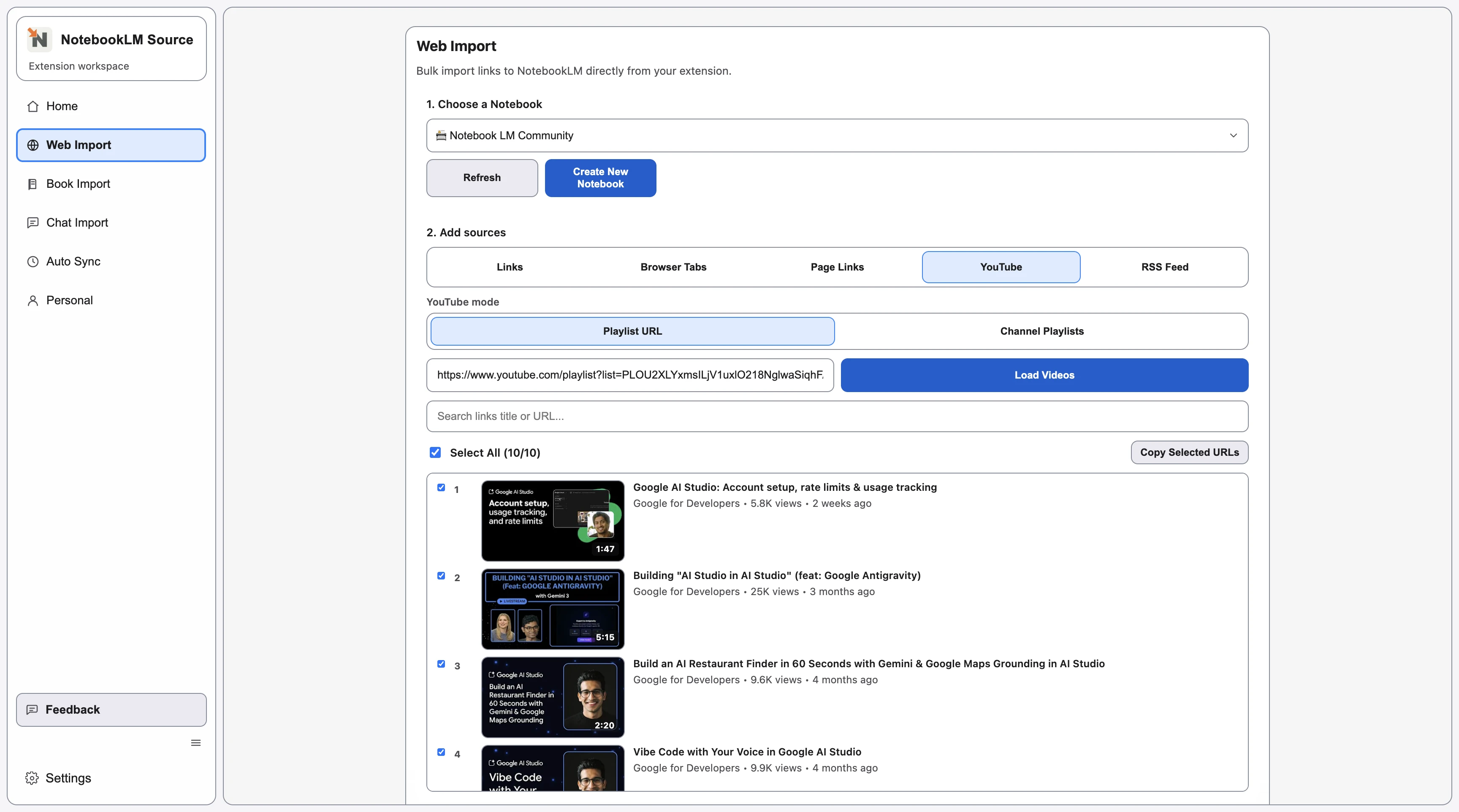 Web Import YouTube tab showing playlist results loaded from a playlist URL. Web Import YouTube tab showing playlist results loaded from a playlist URL.